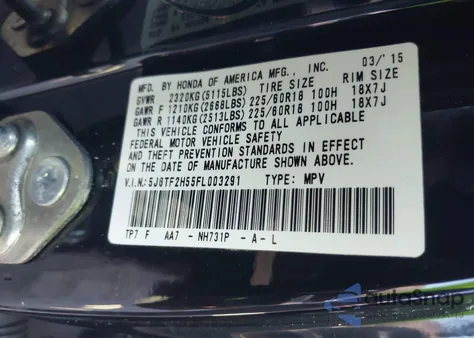 2015 Honda Crosstour Ex-L V6 from USA, damaged, VIN 5J6TF2H55FL003291